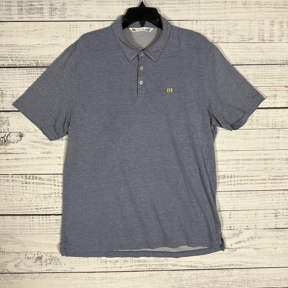 Travis Mathew Golf Polo Shirt Mens XL S/S Blue Chambray Cotton Polyester Lycra